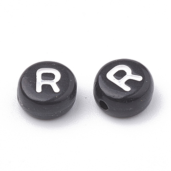 Opaque Acrylic Beads, Letter Style, Horizontal Hole, Flat Round, Letter.R, 7x4mm, Hole: 1.5mm