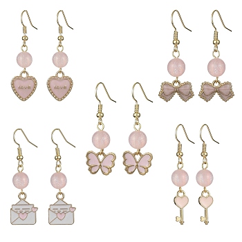 Valentine's Day Alloy Enamel Dangle Earrings with Brass Pins, Mixed Shapes, Pink, 38~45x8~16mm