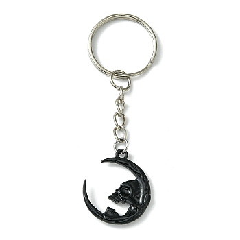 Alloy Moon Pendant Keychain, with Iron Split Key Rings, Skull, 7.9cm