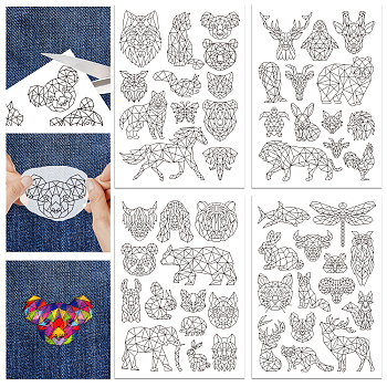 4 Sheets 11.6x8.2 Inch Stick and Stitch Embroidery Patterns, Non-woven Fabrics Water Soluble Embroidery Stabilizers, Animals, 297x210mmm