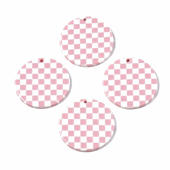 Opaque Cellulose Acetate(Resin) Pendants, Flat Round with Grid Pattern, Pink, 27.5x27.5x2.5mm, Hole: 1.4mm