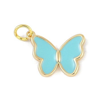 Brass Enamel Pendants, with Jump Ring, Real 18K Gold Plated, Butterfly Charm, Turquoise, 16x12.5x2.5mm, Hole: 3mm