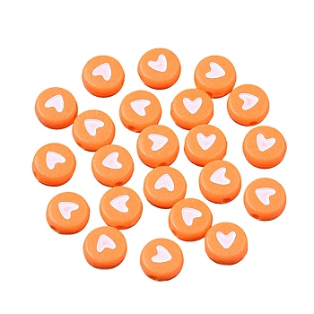 Opaque Acrylic Beads, Flat Round with White Heart, Dark Orange, 7x4mm, Hole: 1.5mm, about 1480pcs/200g