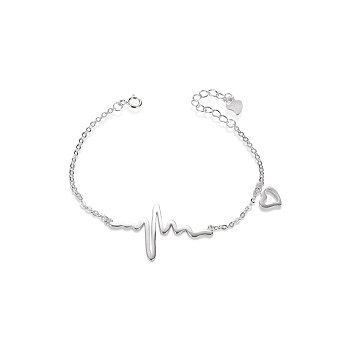 SHEGRACE 925 Sterling Silver Heartbeat Charm Bracelet(Chain Extenders Random Style), Silver, 7-1/8 inch(18cm)