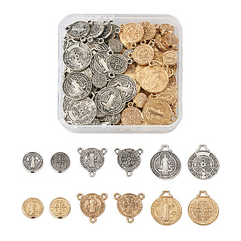 DIY Religion Jewelry Making Kits, Including Flat Round with Saint Benedict Alloy Beads & Pendant & Links Connectors, Antique Silver & Light Gold, 60pcs/box