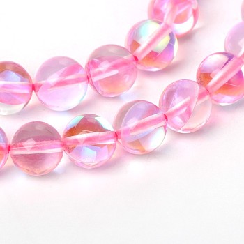 Synthetical Moonstone Round Beads Strands, Holographic Beads, Dyed, Pearl Pink, 8mm, Hole: 1mm, about 48pcs/strand, 15.3 inch
