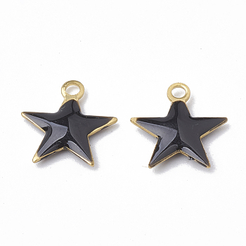 Brass Charms, Enamelled Sequins, Raw(Unplated), Star, Black, 18.5x17x2.5mm, Hole: 1mm