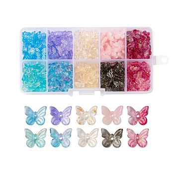 300Pcs Transparent Spray Painted Glass Charms, with Glitter Powder, Butterfly, Mixed Color, 9.5x11x3mm, Hole: 0.8mm