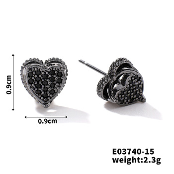 Chic Brass Cubic Zirconia Stud Earrings, Fashionable and Versatile Accessories, Heart, Black, 9x9mm