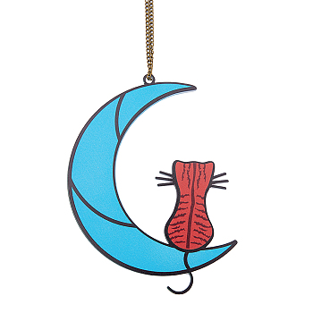 Moon with Cat Acrylic Pendant Decorations, Window Hanging Suncatchers, Dark Turquoise, 164x113.5~125x4mm, Hole: 5mm