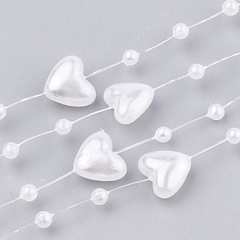 ABS Plastic Imitation Pearl Beaded Trim Garland Strand, Great for Door Curtain, Wedding Decoration DIY Material, Heart and Round, White, 9x9mm and 3mm