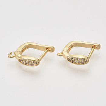 Brass Micro Pave Cubic Zirconia Hoop Earring Findings with Latch Back Closure, Nickel Free, with Horizontal Loop, Real 18K Gold Plated, Oval, 14x3.5x12mm, Hole: 1mm, Pin: 1mm