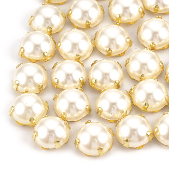 ABS Plastic Imitation Pearl Shank Buttons, with Brass Findings, Half Round, Creamy White, Golden, 8x8x5mm, Hole: 1mm