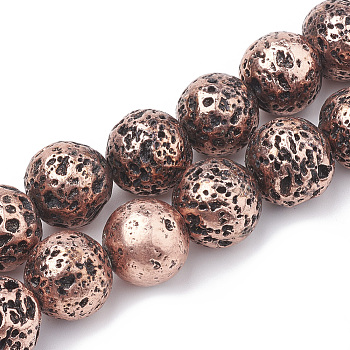 Electroplated Natural Lava Rock Beads Strands, Round, Copper Plated, 16~17mm, Hole: 1~1.5mm, about 25pcs/strand, 15.7 inch