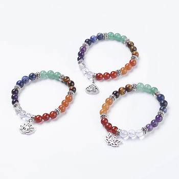 Chakra Jewelry, Natural Mixed Stone Beads Stretch Bracelets, with Alloy Findings, Mixed Shapes, Antique Silver, 2-1/4 inch(5.7cm), Pendant: 16~17x16.5~20x1.5~3mm