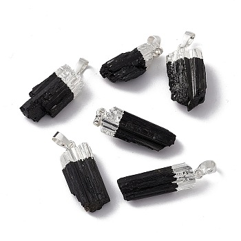 Natural Black Tourmaline Pendants, Nuggets Charms, with Brass Findings, Cadmium Free & Lead Free, Silver, 23~33x8.5~15x6~11.5mm, Hole: 5x8mm