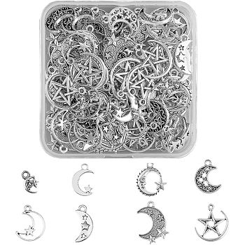 112Pcs 8 Style Tibetan Style Alloy Pendants, Moon with Star, Antique Silver, 12~22x7~18x1.5~2.5mm, Hole: 1.4~2mm, 14pcs/style