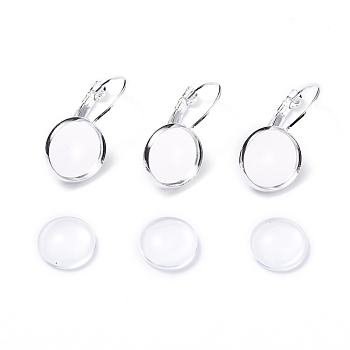 DIY Earring Making, with Brass Leverback Earring Findings and Transparent Oval Glass Cabochons, Silver Color Plated, Cabochons: 11.5~12x4mm, 1pc/set, Earring Findings: 25x14mm, Tray: 12mm, Pin: 0.8mm, 1pc/set