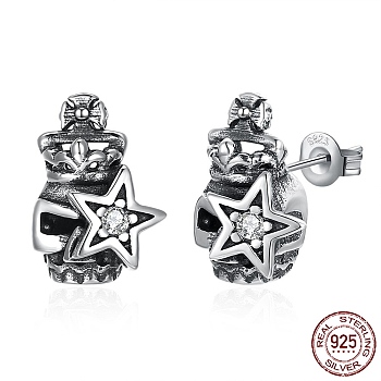 Thai 925 Sterling Silver Stud Earrings, with S925 Stamp, Star, Antique Silver, 9x6mm