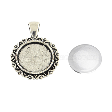 Pendant Making Sets, with Alloy Pendant Cabochon Settings and Glass Cabochons, Flat Round, Cadmium Free & Lead Free, Antique Silver, Tray: 18mm,34.5x27x2.5mm, Hole: 4x7mm, 17.5~18x5mm(DIY-X0288-63AS-RS)