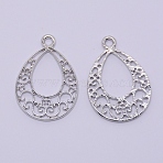 Hollow Alloy Kitten Open Back Bezel Pendants, for DIY UV Resin, Epoxy Resin, Pressed Flower Jewelry, Cadmium Free & Lead Free, Teardrop, Platinum, 26.5x18.5x1mm, Hole: 1.5mm(PALLOY-WH0080-03P-RS)