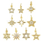 10Pcs 10 Styles Star Brass Micro Pave Clear Cubic Zirconia Charms, Mixed Shapes, 10.5~15x8.5~13x1.5~4mm, Hole: 2~4mm, 1pc/style(KK-CJ0002-43)