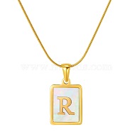 Stainless Steel Snake Bone Chain Alphabet Necklace with Shell Pendant, Letter R, Golden(WD3660-18)