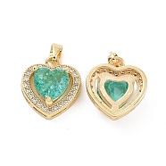 Real 18K Gold Plated Brass Micro Pave Cubic Zirconia Pendants, Heart Charms, Medium Spring Green, 15x14x6.5mm, Hole: 2.5x4.5mm(KK-E068-VC451)