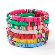 7Pcs Rainbow Polymer Clay Heishi Beads Stretch Bracelets Set, Stackable Bracelets, with Golden Plated Brass Beads, Mixed Color, Inner Diameter: 2-1/8 inch(5.5cm)(BJEW-JB05882)