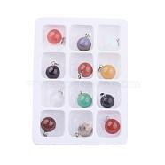 Gemstone Pendants, with Brass Clasps, Mixed Stone, Round, Mixed Color, 18x14mm, Hole: 6x2mm, 12pcs/box(X-G-S045-13-B)