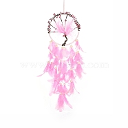 Woven Web/Net with Feather Hanging Ornaments, Iron Ring and Wood Bead for Home Living Room Bedroom Wall Decorations, Tree of Life, Pearl Pink, 565mm(HJEW-G025-10)