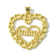 Mother's Day Brass Micro Pave Cubic Zirconia Pendants, Heart with Word Mom, Real 18K Gold Plated, 27.5x29x2mm, Hole: 5x3.5mm(KK-H472-04G-01)