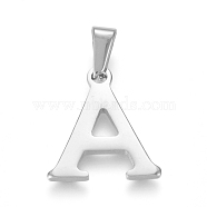 304 Stainless Steel Pendants, Stainless Steel Color, Initial Letter.A, 19x17x1.8mm, Hole: 3x7mm(STAS-F106-95P-A-01)