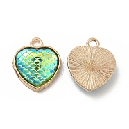 Alloy Resin Pendants, AB Color, Heart Charms with Scales Pattern, Golden, Spring Green, 16.6x14x3.5mm, Hole: 2mm(PALLOY-M052-05G-B)