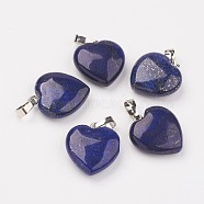 Natural Dyed Lapis Lazuli Pendants, Heart, with Brass Findings, Platinum, 22~23x20~20.5x6~7.5mm, Hole: 5x8mm(G-G956-B07-FF)