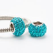 Austrian Crystal European Beads, Large Hole Beads, 925 Sterling Silver Core, Rondelle, 229_Blue Zircon, 11~12x7.5mm, Hole: 4.5mm(STER-E049-E21)