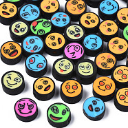 Handmade Polymer Clay Beads, Flat Round with Expression, Mixed Color, 9~10x4~4.5mm, Hole: 1.6mm(CLAY-N009-037)