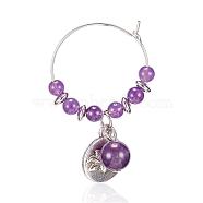 Natural Amethyst Wine Glass Charms, with Alloy Lotus Pendants and Brass Hoops, 46x27mm(AJEW-JO00154-05)