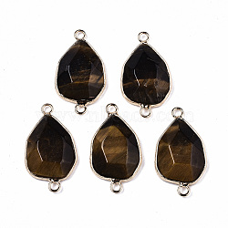 Natural Tiger Eye Links Connectors, with Light Gold Plated Brass Findings, Faceted Teardrop, 31.5x17x5~6mm, Hole: 2.5mm(G-S359-215)