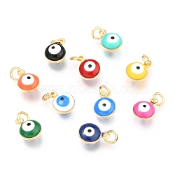 Brass Enamel Charms, Real 18K Gold Plated, Long-Lasting Plated, with Jump Ring, Evil Eye, Mixed Color, 9.5x6.5x4.5mm, Hole: 2.5mm(KK-B024-02G)