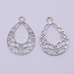 Hollow Alloy Kitten Open Back Bezel Pendants, for DIY UV Resin, Epoxy Resin, Pressed Flower Jewelry, Cadmium Free & Lead Free, Teardrop, Platinum, 26.5x18.5x1mm, Hole: 1.5mm(PALLOY-WH0080-03P-RS)