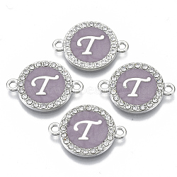 Alloy Enamel Links Connectors, with Crystal Rhinestones, Flat Round with Letter, Silver Color Plated, Letter.T, 22x16x2mm, Hole: 1.8mm(ENAM-TAC0003-01S-01T)