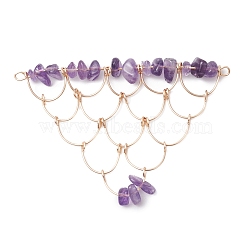 Natural Amethyst Chip Copper Wire Wrapped Connector Charms, Triangle Mesh Links, Golden, 52x80.5x9mm, Hole: 2.5mm(PALLOY-JF03030-06)