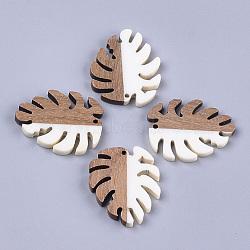 Resin & Walnut Wood Pendants, Tropical Leaf Charms, Monstera Leaf, Creamy White, 37.5x30x3~3.5mm, Hole: 2mm(RESI-S358-57A)