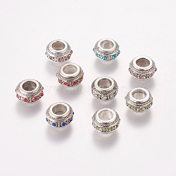 Vintage Alloy Rhinestone European Beads, Large Hole Rondelle Beads, Antique Silver, Mixed Color, 12x7mm, Hole: 6mm(X-RB-M012-M)