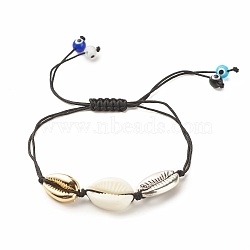 Acrylic & Alloy Shell Braided Bead Bracelet with Lampwork Evil Eye, Adjustable Bracelet for Women, Black, Inner Diameter: 1/2~3-1/2 inch(1.4~8.8cm)(BJEW-JB08131-02)