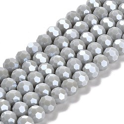 Electroplate Opaque Glass Beads Strands, Faceted(32 Facets), Pearl Luster Plated, Round, Light Grey, 8mm, Hole: 1mm, about 66~69pcs/strand, 19.29~19.57 inch(49~49.7cm)(EGLA-A035-P8mm-A22)