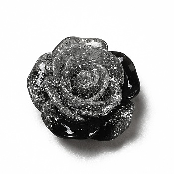 Opaque Resin Cabochons, Flower, with Glitter Powder, Black, 19x19x9mm