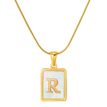 Stainless Steel Snake Bone Chain Alphabet Necklace with Shell Pendant, Letter R, Golden