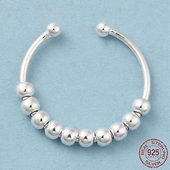 925 Sterling Silver Open Cuff Rings, Rotating Beaded Ring for Calming Worry, Silver, US Size 9 1/2(19.3mm)